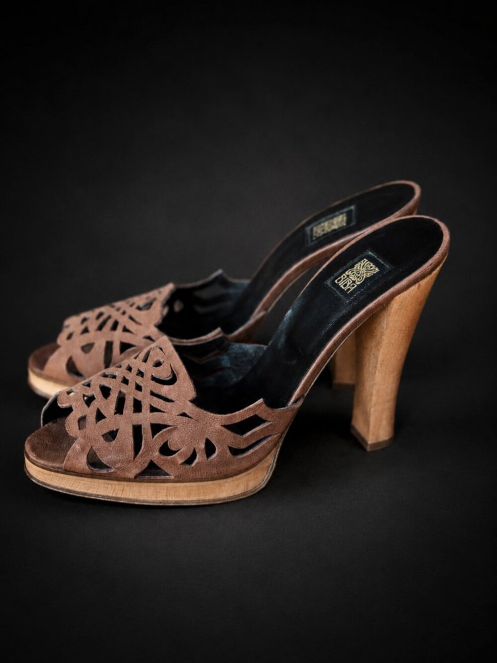 BIBA Brown Laser Cut Wood Platform Mules — Size 39 — New Without Box